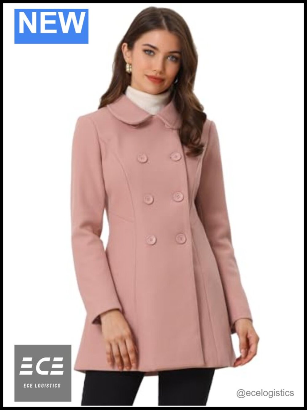 Women's Peter Pan Collar Double Breasted Winter Trench Pea Coat Mid Length
